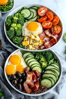 Fresh breakfast bowls with sunny side up eggs, crispy bacon, quinoa, cucumber slices, cherry tomatoes, broccoli and black olives served on gray background.