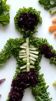 Creative food art showing human skeleton figure made from fresh green and purple kale leaves with celery ribs forming spine, arranged on white background for healthy eating concept.