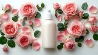 White cosmetic bottle surrounded by delicate pink garden roses and scattered petals on light background, flat lay composition for beauty product photography.
