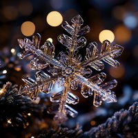 Macro photograph of delicate snowflake crystal with intricate patterns and symmetrical branches against dark background with golden bokeh lights creating winter atmosphere.