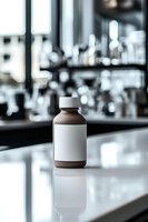 Brown medicine bottle with blank white label on reflective laboratory counter, blurred scientific equipment background creates professional medical atmosphere.