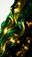 Luxurious green and gold flowing liquid with sparkling glitter particles and bokeh lights creating elegant abstract waves for premium design projects.