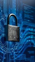Digital padlock with circuit board patterns on blue technology background representing cybersecurity and data protection for business applications.