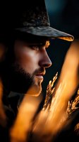 Young bearded farmer in straw hat gazing thoughtfully through golden wheat field at sunset, agricultural lifestyle and rural farming concept.