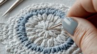 Close-up view of hands with blue manicure crocheting circular pattern in white and blue cotton yarn, showing detailed texture and crafting process in progress.