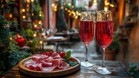 Two elegant champagne flutes filled with sparkling red wine on wooden table with charcuterie plate, Christmas tree and warm bokeh lights creating festive atmosphere.