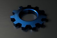 Single metallic blue gear wheel on dark background with dramatic lighting and shadow effects, symbolizing industrial technology and mechanical engineering.