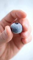 Child's hand holding a single fresh blueberry against white background, showcasing organic fruit for food, nutrition, and healthy eating concepts.