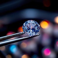 Brilliant cut blue diamond held in tweezers against blurred bokeh background with vibrant orange and pink lights, showcasing luxury jewelry craftsmanship.