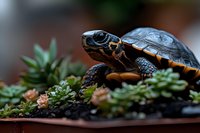 Small spotted turtle walking among succulent plants in garden setting, close-up view showing detailed shell pattern and facial features against natural background.