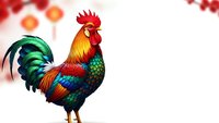Colorful rooster with vibrant plumage standing proudly against festive red and gold decorative background for Chinese New Year celebrations.