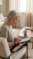 Senior Caucasian woman using tablet computer at home sitting in comfortable chair with coffee cup on table in bright living room interior.