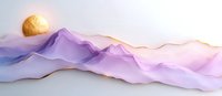 Ethereal mountain landscape with golden sun rising over purple peaks, layered paper art style composition against white background, minimalist abstract design.