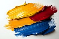Vibrant acrylic paint strokes in yellow, red and blue colors on white background. Abstract art brush marks for creative design projects.