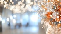 Dreamy bokeh lights and delicate white flowers create romantic atmosphere with soft blue and copper tones, blurred background adds ethereal glow to wedding decor.
