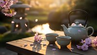 Traditional Japanese tea ceremony setup with ceramic teapot and cups on wooden table surrounded by cherry blossom petals in warm golden sunset light.
