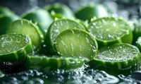 Fresh sliced green cucumber with water drops on dark background, macro shot showing juicy texture and natural freshness for healthy eating concept.