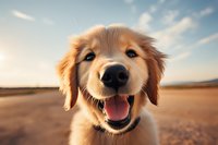 Happy Golden Retriever puppy with friendly smile outdoors against blue sky background. Close up portrait showing joyful expression and soft fur at sunset.
