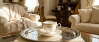 Elegant teacup and saucer with decorative pattern displayed on round glass table in luxury living room with cream furniture and natural lighting.