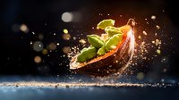 Fresh green peas bursting from wooden spoon with water splash and dramatic lighting against dark background, dynamic food photography composition.