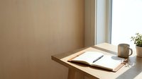 Wooden desk by bright window with open notebook, pen, and coffee mug in minimalist workspace. Ideal for business, productivity, and creative work concepts.