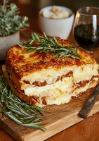 Creamy layered potato gratin with golden brown crust, fresh rosemary garnish on wooden cutting board, served with red wine and herbs for cozy dinner setting.