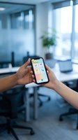 Two hands holding smartphone with productivity app interface in modern office environment with blurred workspace background.
