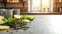 Fresh green tea leaves with lemon slices and mint on kitchen counter. Healthy beverage ingredients for morning wellness routine in sunny home interior.