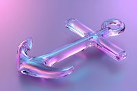 Luminescent glass anchor in neon pink and blue colors glowing on gradient background, maritime symbol with holographic effect and transparent glossy surface.