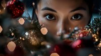 Young Asian woman peering through Christmas tree branches with bokeh lights and red ornaments creating magical holiday atmosphere, close up portrait.