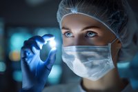 Female surgeon in surgical mask and cap examining medical sample with bright light in operating room for healthcare research and diagnosis.