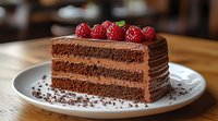 Chocolate layer cake slice with fresh raspberries on top, dark cocoa cream filling between moist sponge layers, garnished with chocolate shavings on white plate.