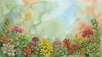 Watercolor floral border with succulents and wildflowers on textured background for greeting cards, invitations and botanical designs.