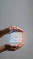 Two hands holding glowing neon maze symbol between palms against neutral background. Represents problem solving, strategy, and innovation concepts for business and technology design projects.