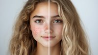 Young Caucasian woman with blonde wavy hair shown in split-screen comparison - one side with natural freckles, other side with clear complexion against light background.