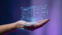 Futuristic holographic dashboard interface floating above open palm with data analytics charts and graphs on purple gradient background for business technology.