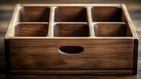 Rustic wooden organizer box with six compartments and oval handle cutout on dark wooden surface, featuring rich brown tones and natural wood grain texture.