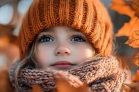 Close up portrait of young caucasian girl wearing orange knit winter hat and scarf, with bright blue eyes looking up, autumn orange bokeh background.
