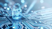 Digital padlock hologram on circuit board representing cybersecurity, data protection and network security technology for business applications.