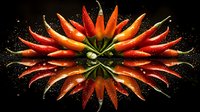 Fresh red chili peppers arranged in symmetrical star pattern with water drops on black background, dramatic lighting creates artistic food composition.