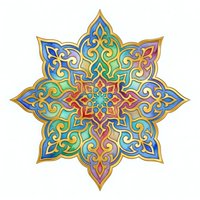 Ornate star mandala with intricate geometric patterns in gold, blue, green, and red tones. Isolated design element suitable for textile prints, wallpapers, and decorative applications.