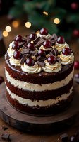 Decadent chocolate layer cake with vanilla cream filling, topped with whipped cream rosettes, fresh cherries and chocolate shavings on wooden board with bokeh lights.