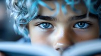 Close up portrait with piercing blue eyes gazing intensely through soft ethereal lighting, creating mysterious and dreamy atmosphere for emotional storytelling and book covers.