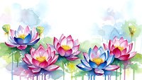 Watercolor lotus flowers in pink, purple and blue tones with green leaves on white background. Delicate floral artwork for meditation and wellness designs.