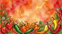Watercolor illustration of fresh vegetables including tomatoes, peppers, and chili arranged on warm orange and red gradient background. Suitable for food packaging, recipe blogs, and culinary designs.