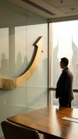 Businessman in dark suit standing in modern office with floor-to-ceiling windows overlooking city skyline, viewing contemporary gold curved sculpture on glass wall.