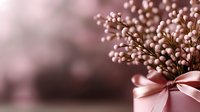 Delicate pink flower buds with ribbon bow on soft blurred background for spring wedding decoration and romantic greeting card design.