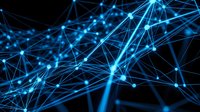 Abstract blue network connections with glowing nodes and lines on dark background for technology, data visualization, and digital communication concepts.
