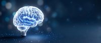 Glowing brain lightbulb concept on dark blue background with bokeh lights representing innovation, creativity, intelligence and bright ideas for business.