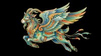 Ornate mythical creature with goat head and dragon wings in turquoise, gold and orange tones, isolated on transparent background. Ready for t-shirt design, clipart, stickers, sublimation and print-on-demand projects.